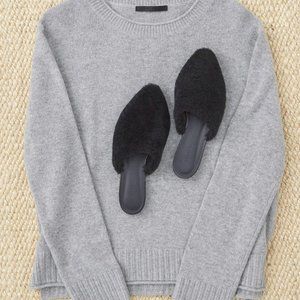 Jenni Kayne Black Shearling Mules Slip On Leather Pointed Toe Shoes Blogger Fave